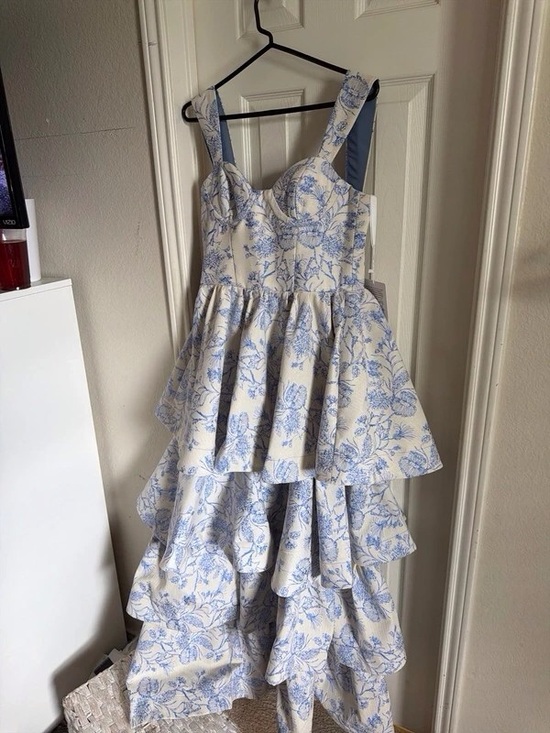 None Dresses & Skirts - Blue Floral Tiered Midi Skirt - Women's Elegant Ruffle Satin